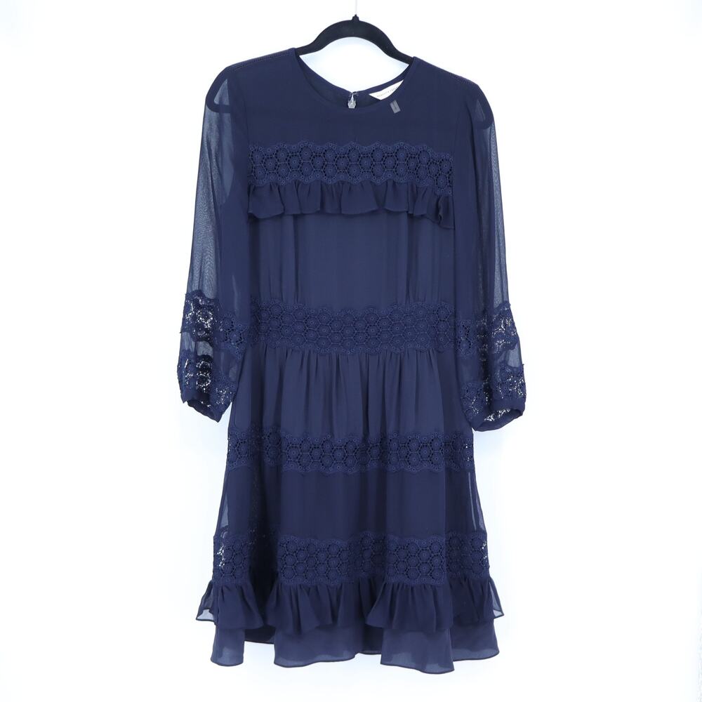 Rebecca Taylor Silk Lace Tiered Dress Maritime Blue 3/4 Sleeve Women's 4